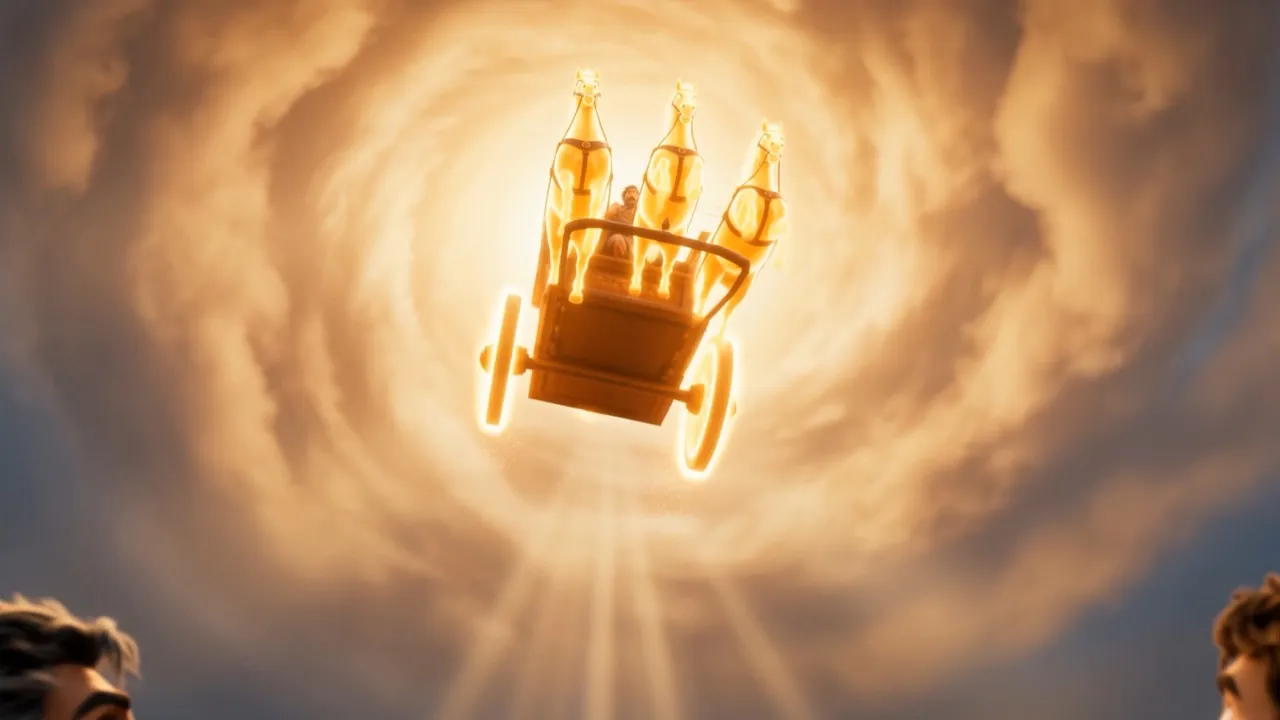 A chariot of fire wheels down out of the whirlwind