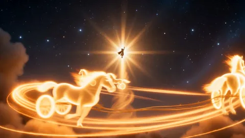 A chariot of fire carries Elijah up into the stars
