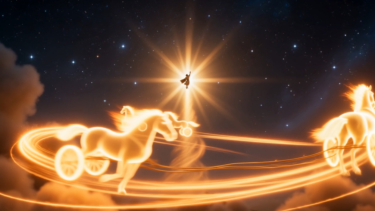 A chariot of fire carries Elijah up into the stars