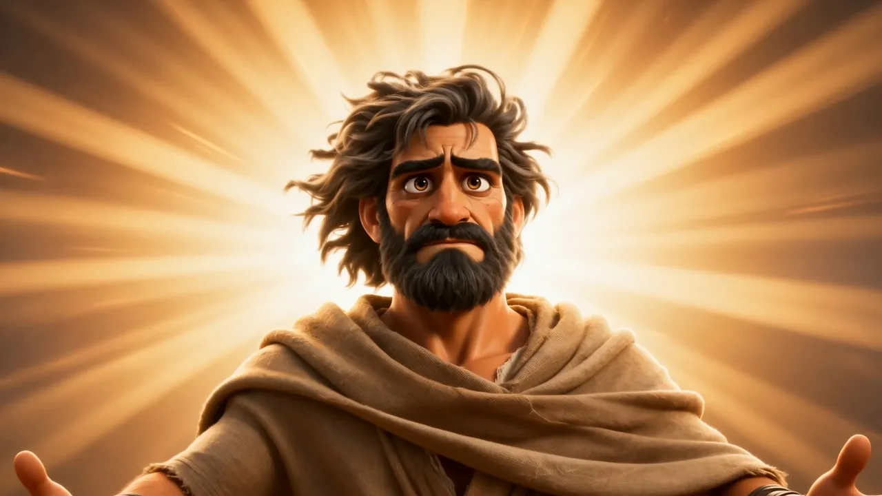 Elisha stands with his arms out, staring up, alone