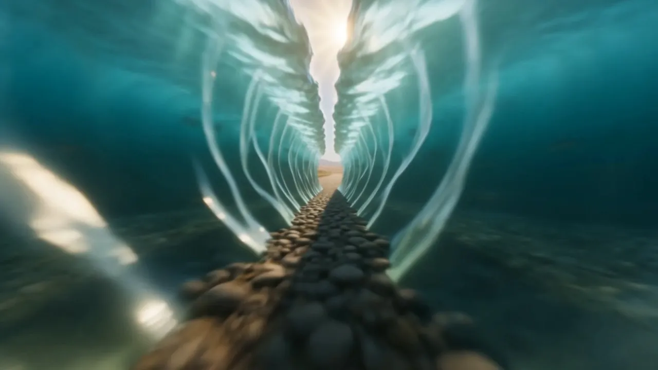 The river opens into a corridor with walls of water