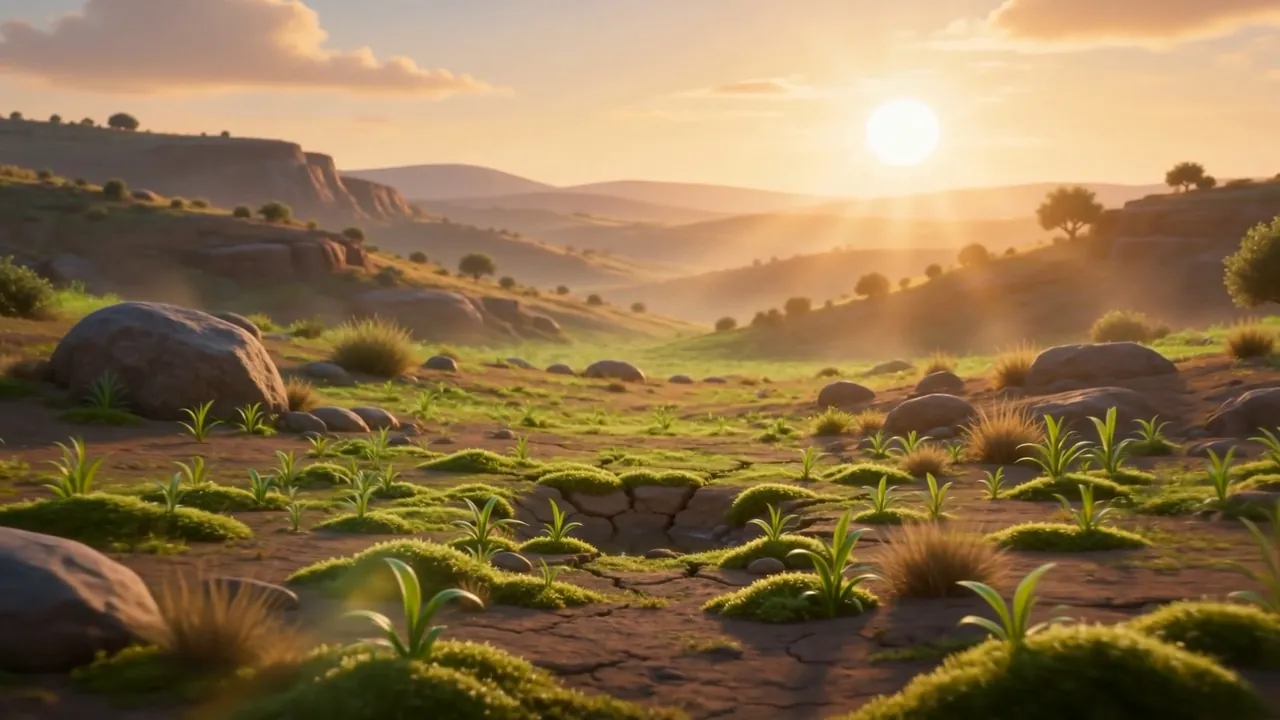 Green shoots coming up all across a valley at sunrise