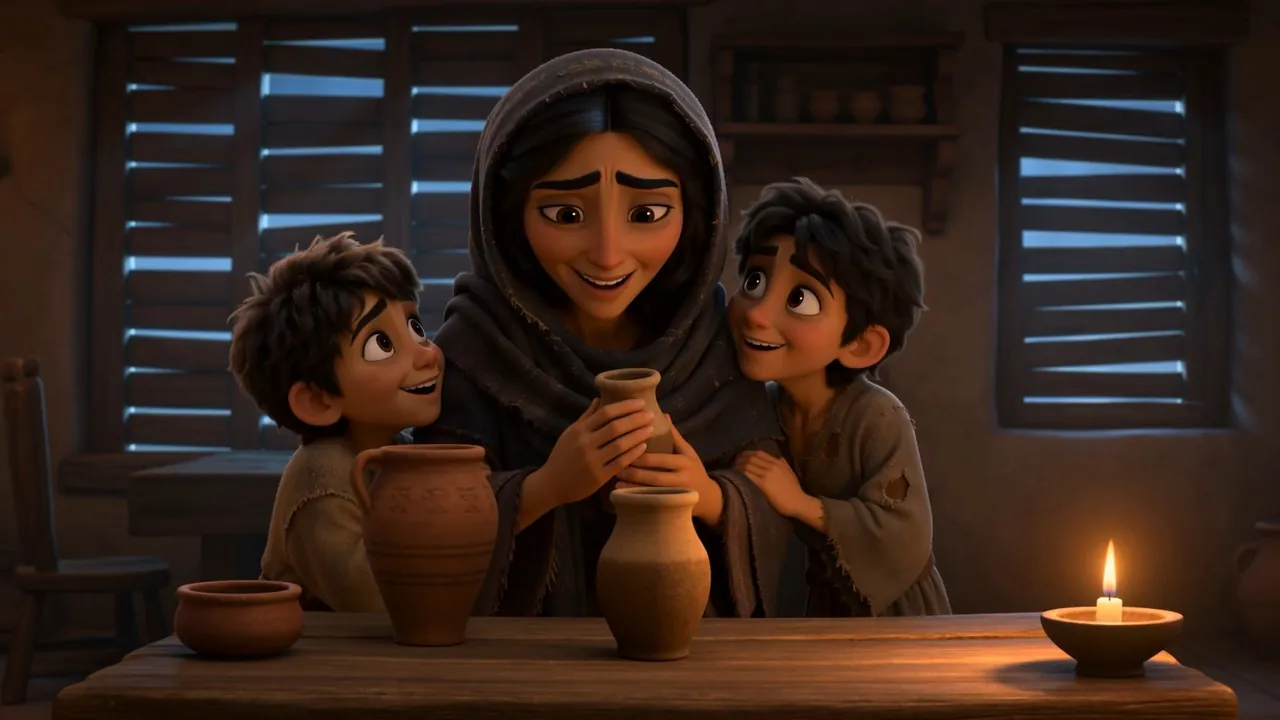 Mother and sons around one small jar by lamplight