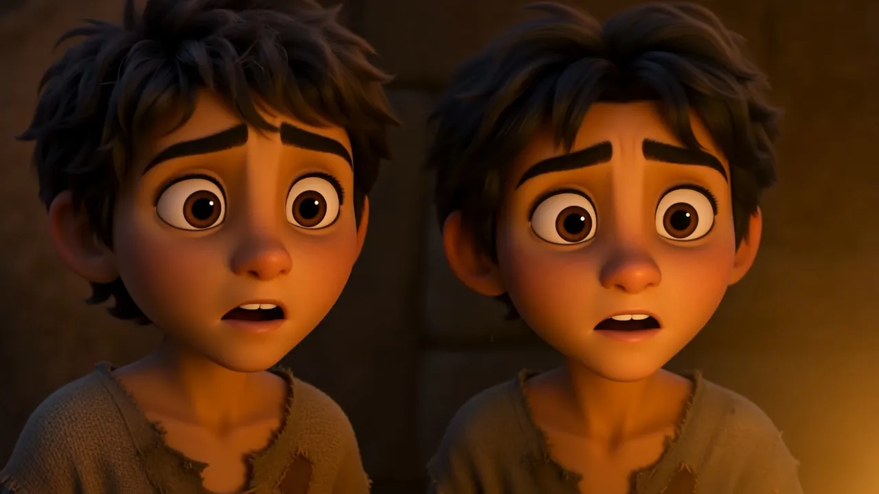 The boys' faces, lit orange