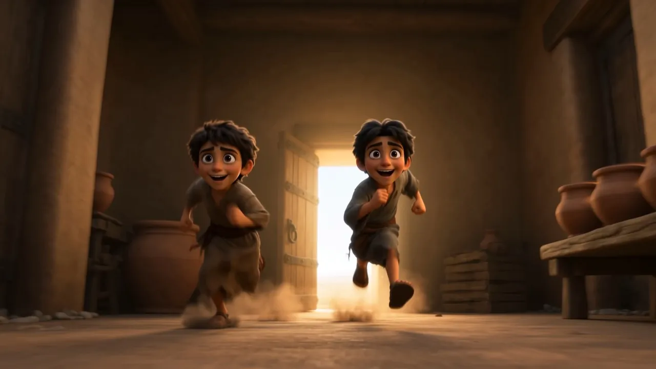 One boy sprints out of the door for more