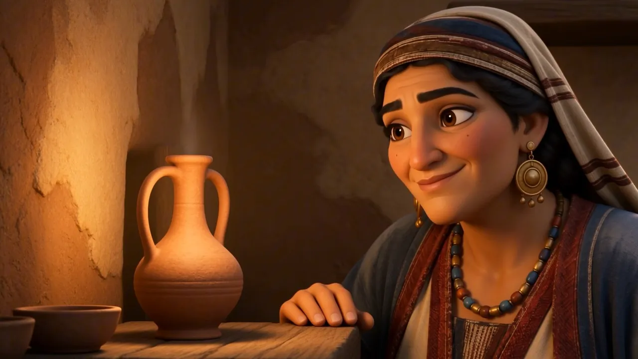 A jug on a shelf, and her satisfied face