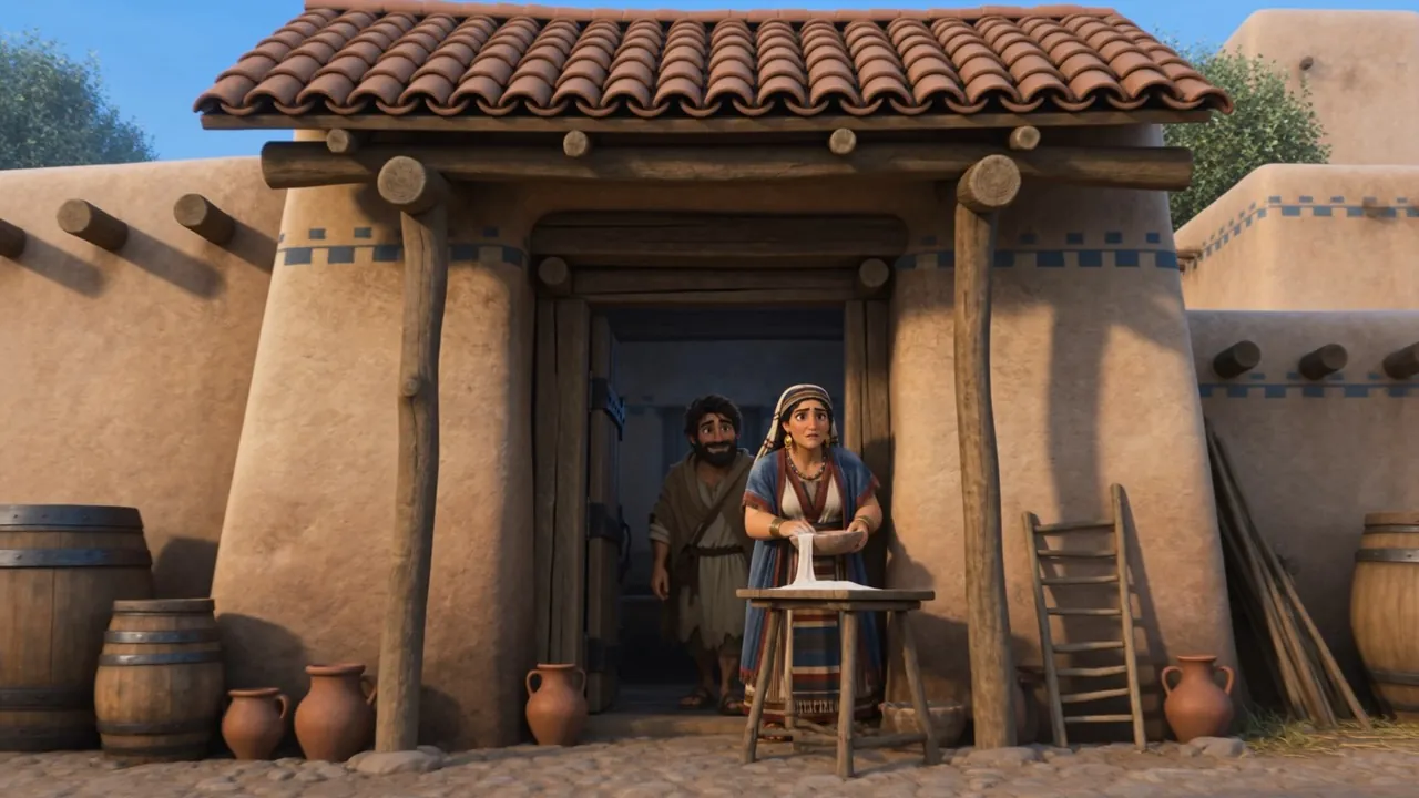 She stands in the doorway, not coming in