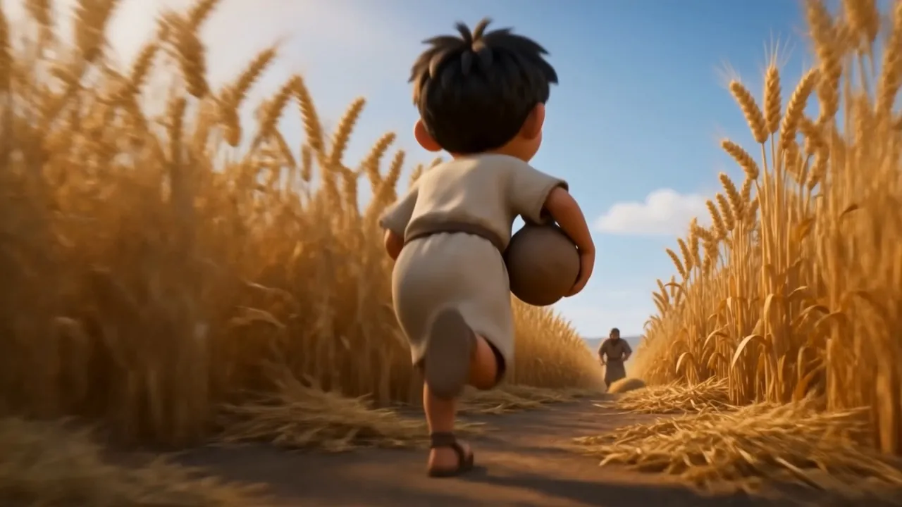 A small boy running out with a water jug