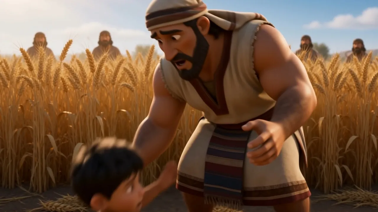 His father crouches over him in the wheat