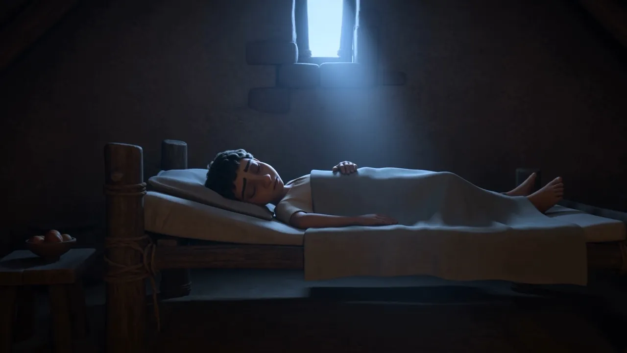 The boy lies on the bed in the roof room