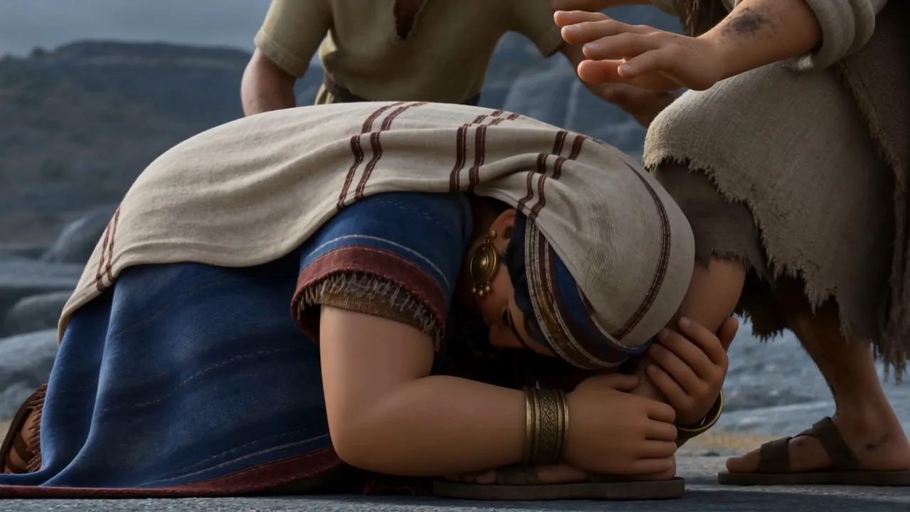 She reaches him and takes hold of his feet