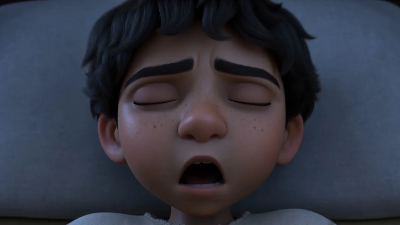 Close on his face — and his mouth opens