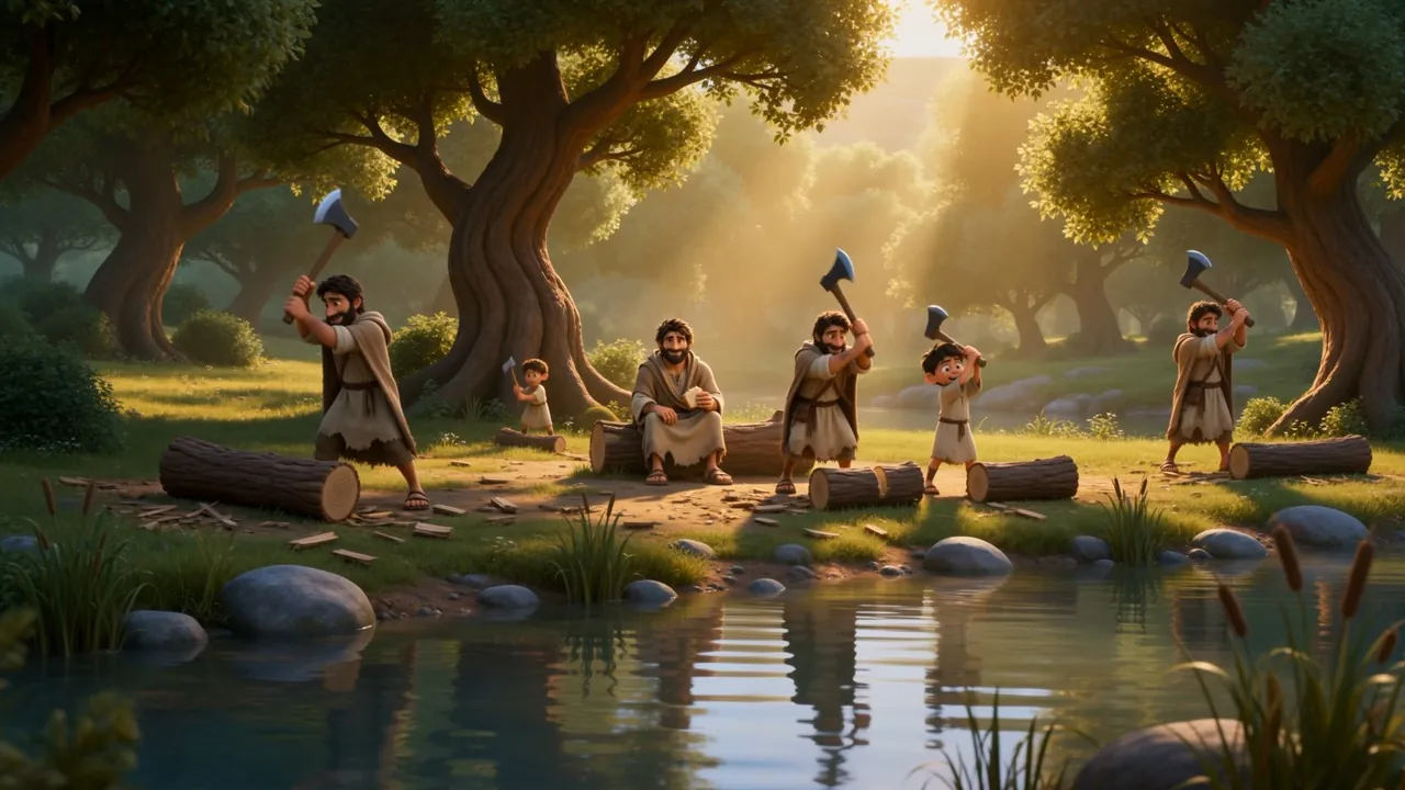 Men felling trees by a green river in the sun