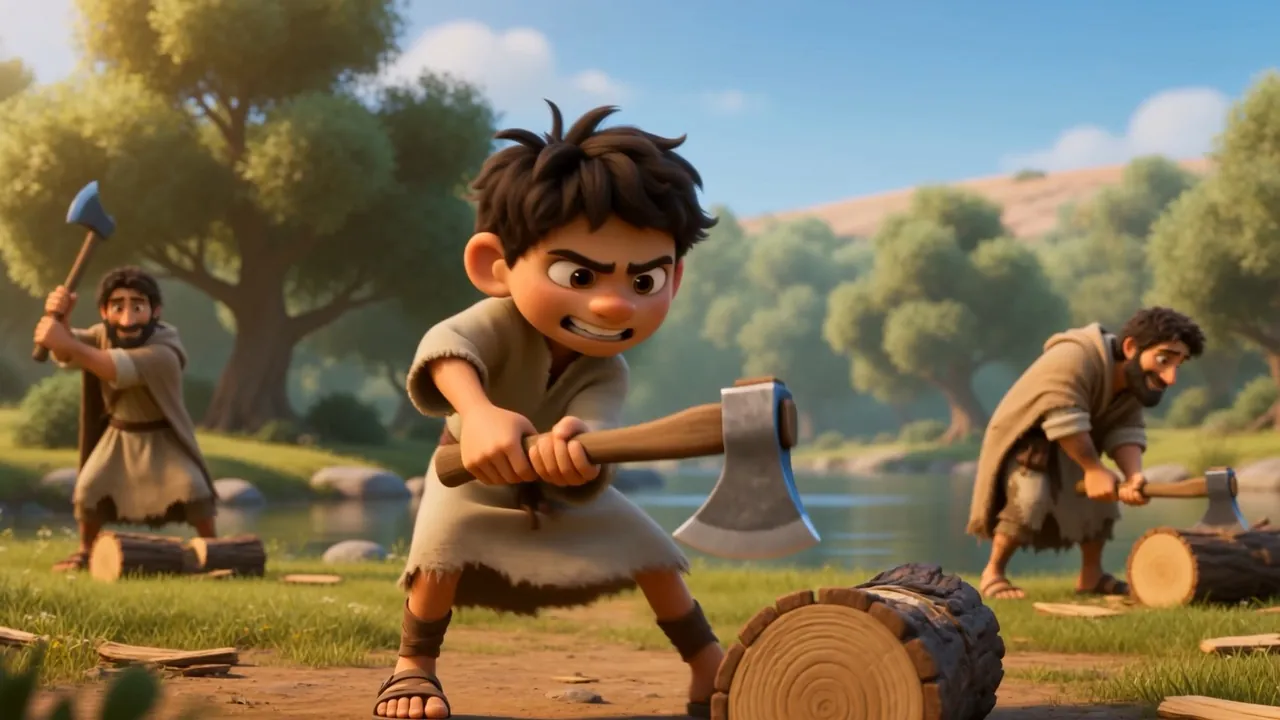 A young man swings hard at a log