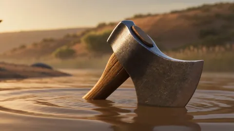 An iron axe head standing upright in the surface of a river