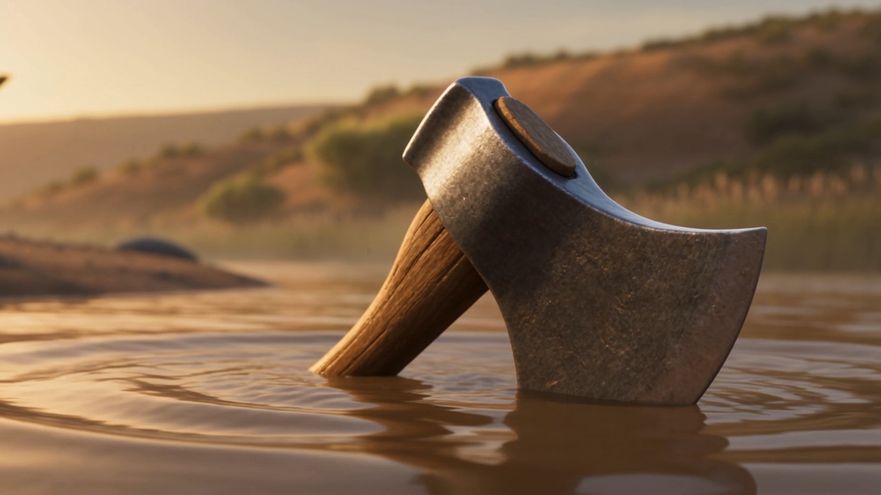 An iron axe head standing upright in the surface of a river