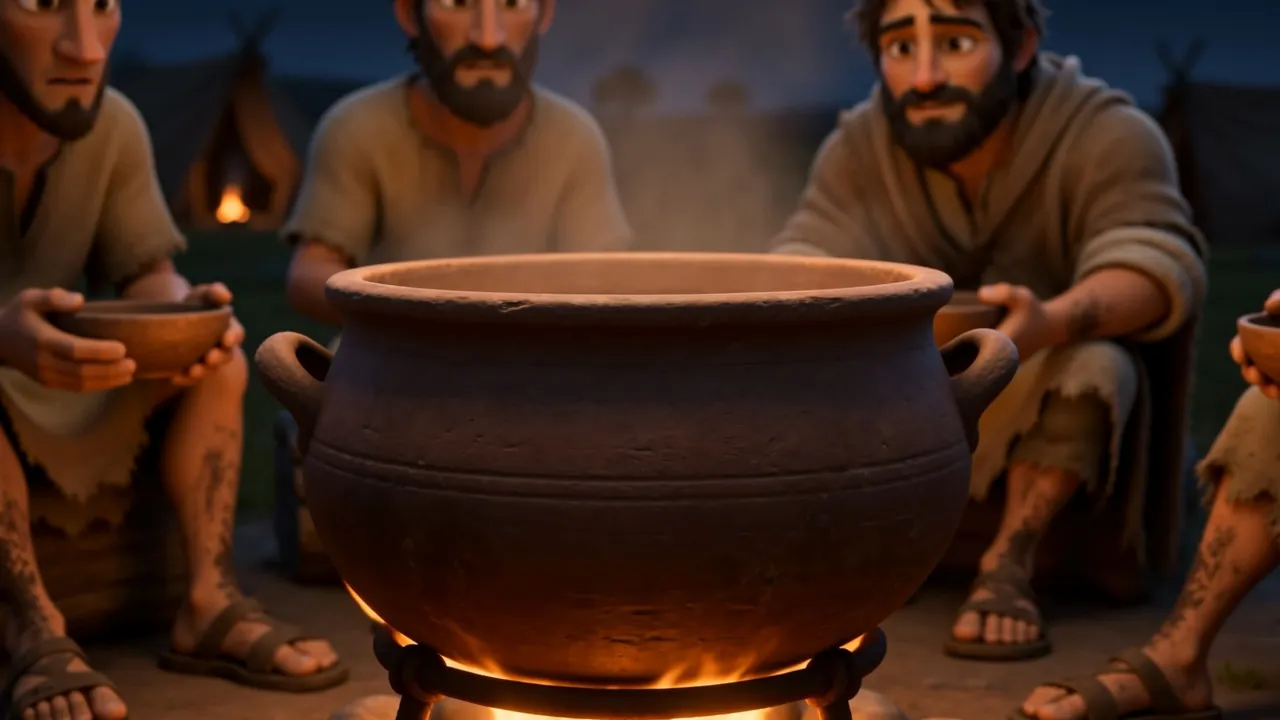 A big cooking pot over a fire in a camp at dusk