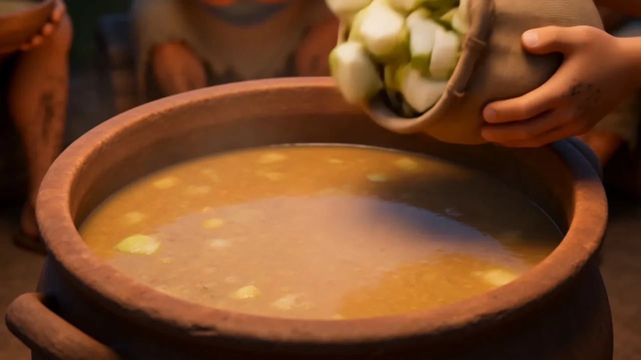 Sliced wild gourds tipped into the stew