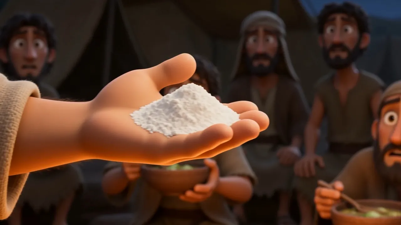 A palmful of flour held out over the pot
