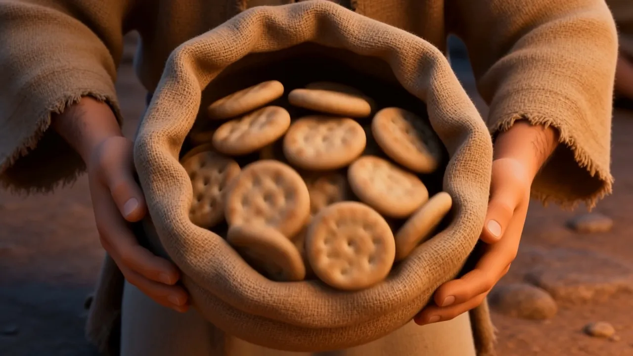 Inside it — small barley loaves, not many