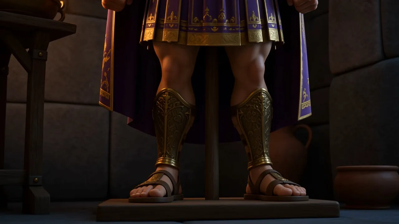 Gilded greaves and sandals on a stone floor