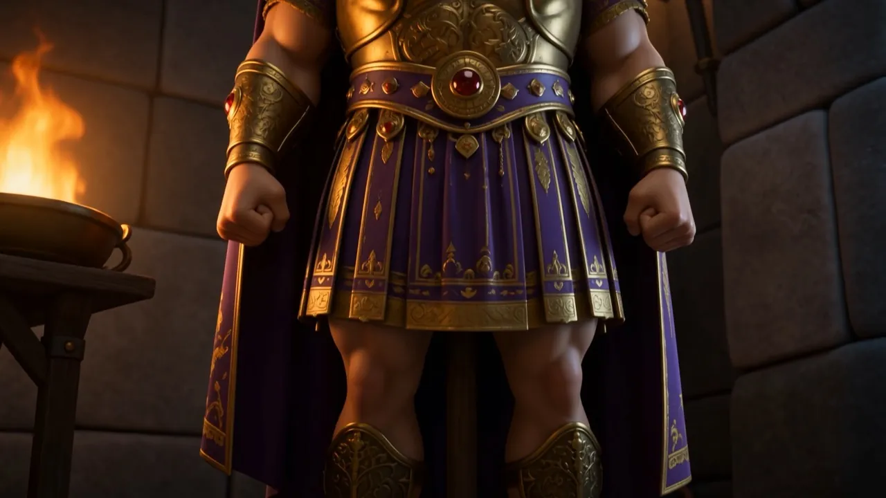 A commander's armour, seen from below, firelit