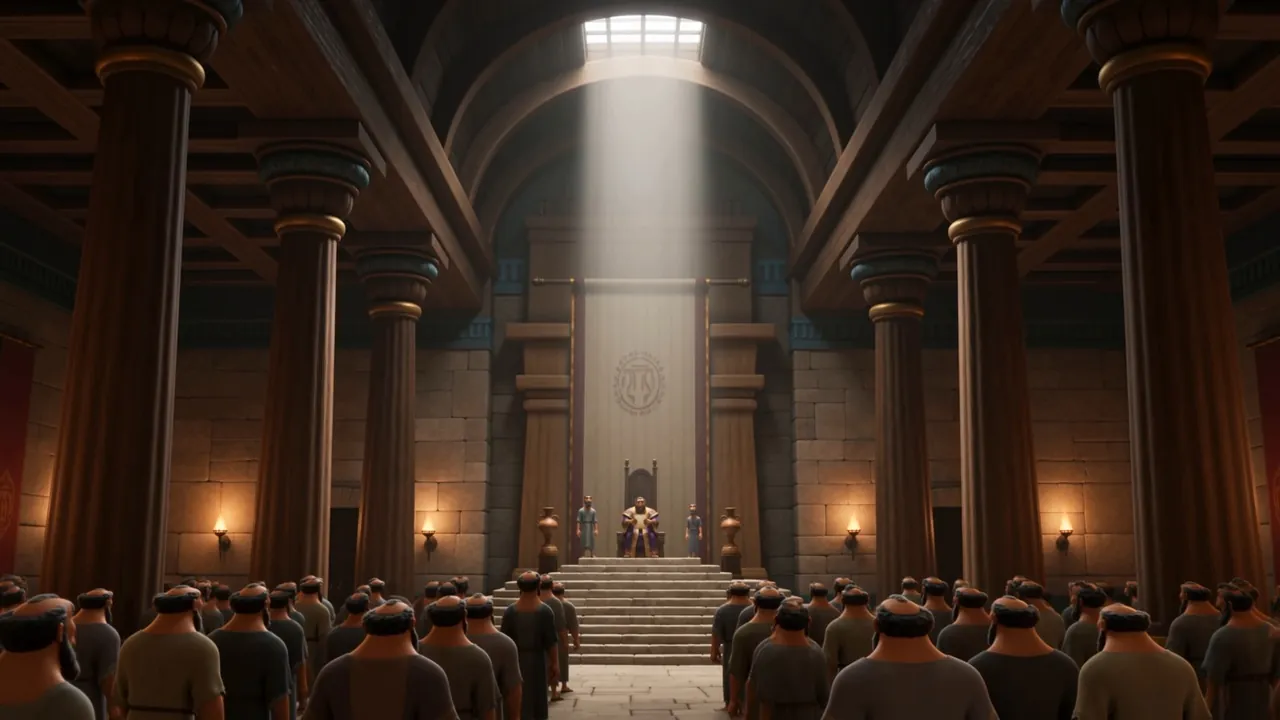 A crowded throne hall, light falling from high windows