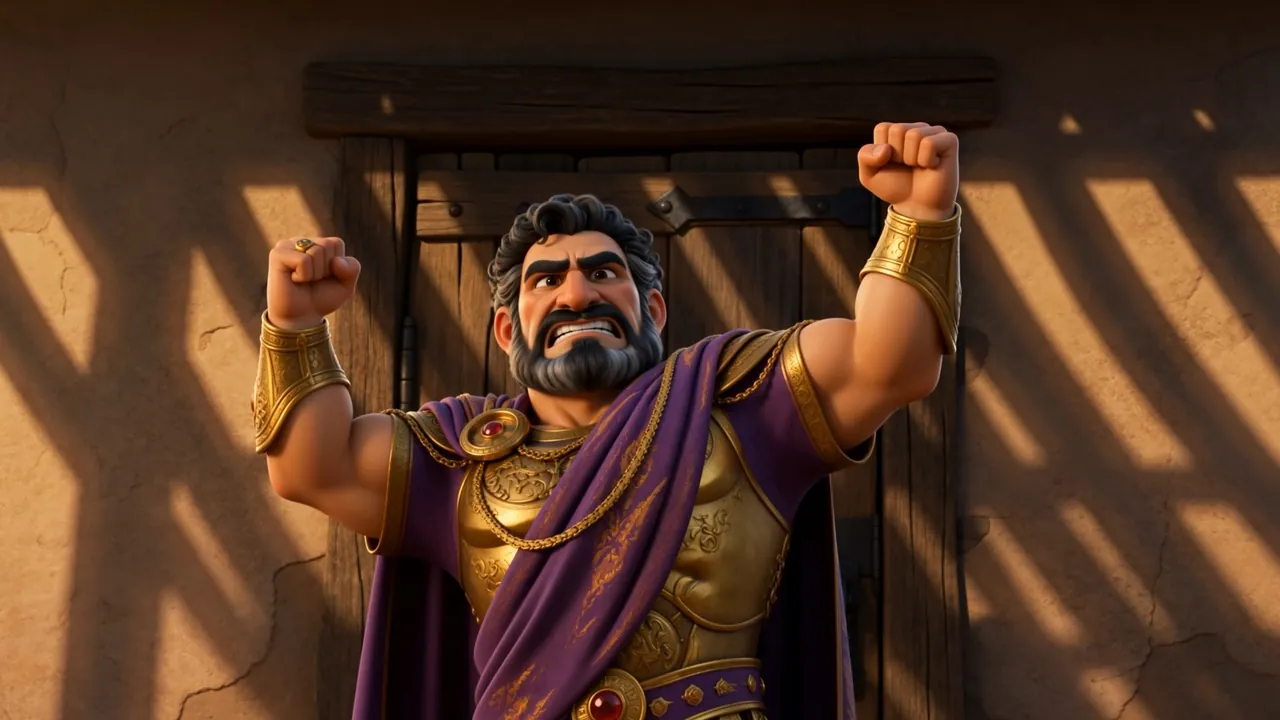 Both fists up, shouting at a house