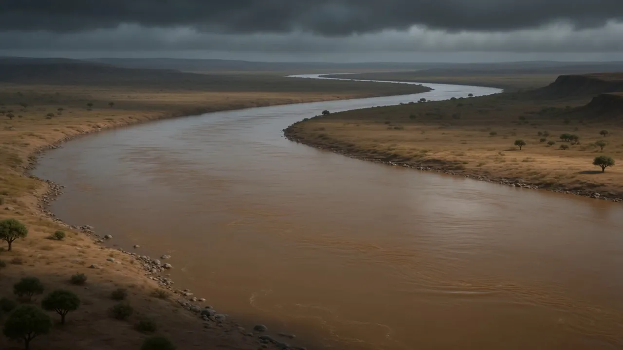 A brown, unimpressive river winding through scrub