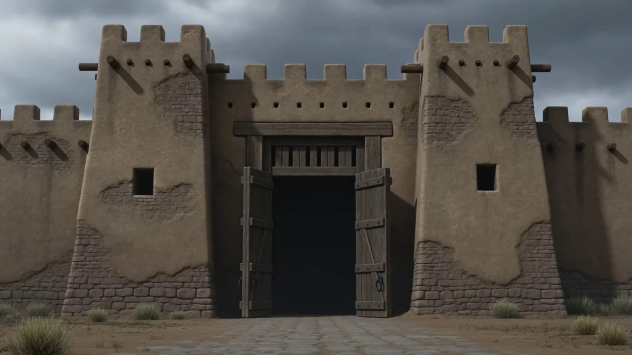 A city gate standing wide open under a grey sky