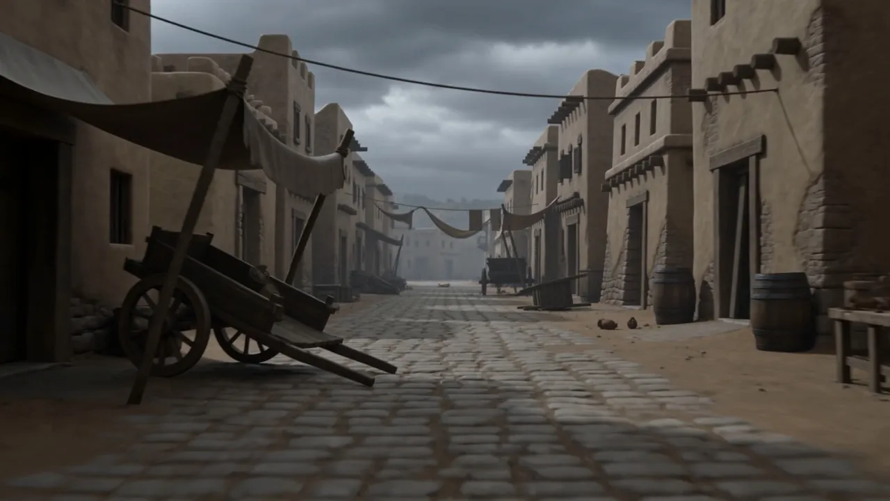 An overturned cart, washing still on a line