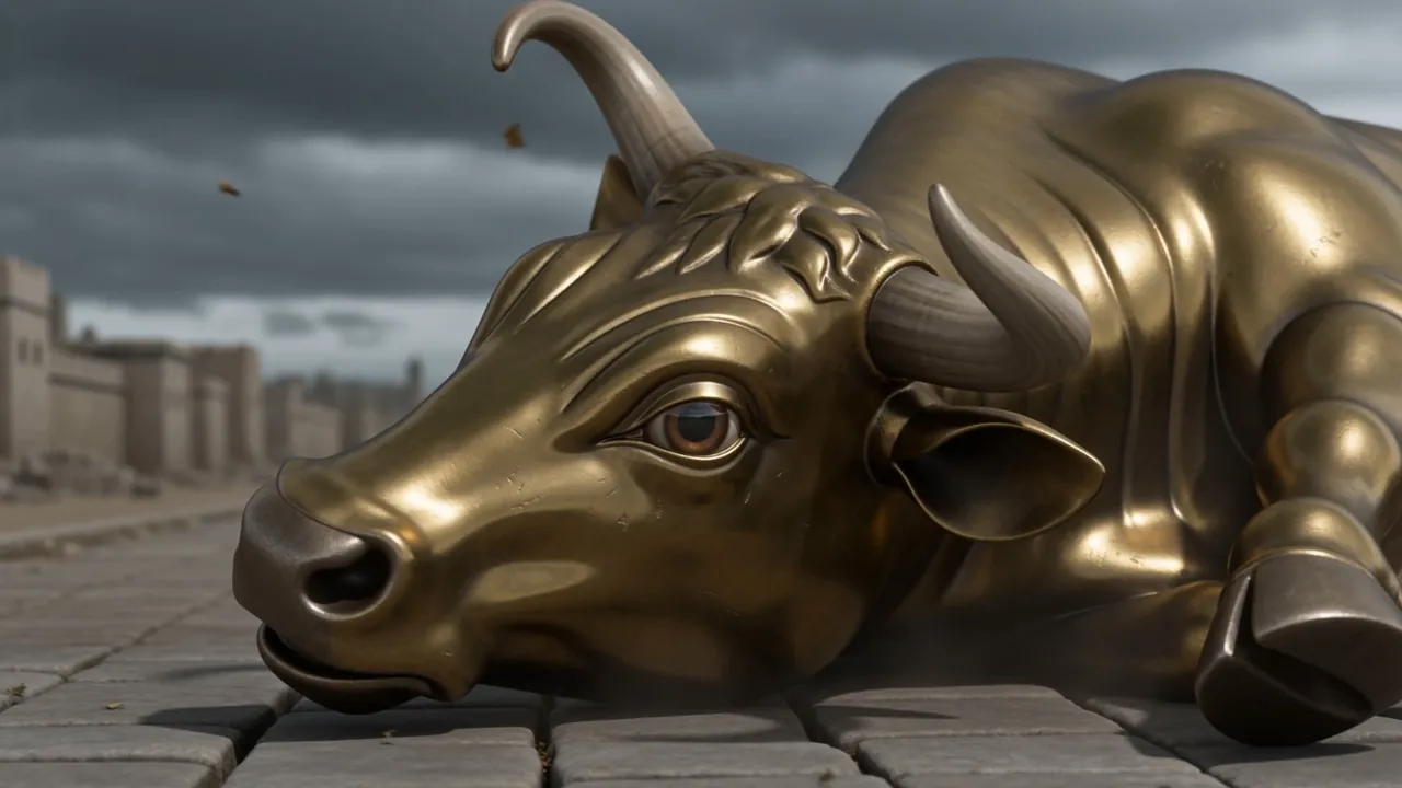 A golden calf, toppled on the paving