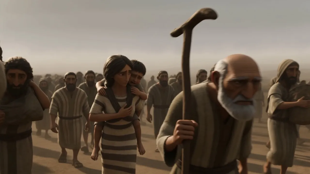 An old man on a stick, helped along by his family