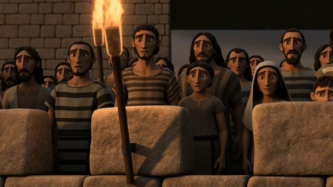 Torches along the parapet at dusk