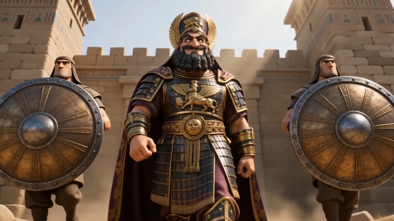 Two shield-bearers flank him