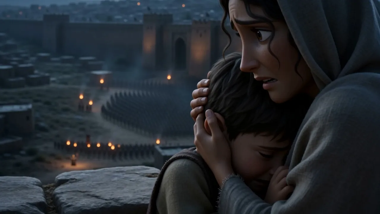 A mother covering her son's ears