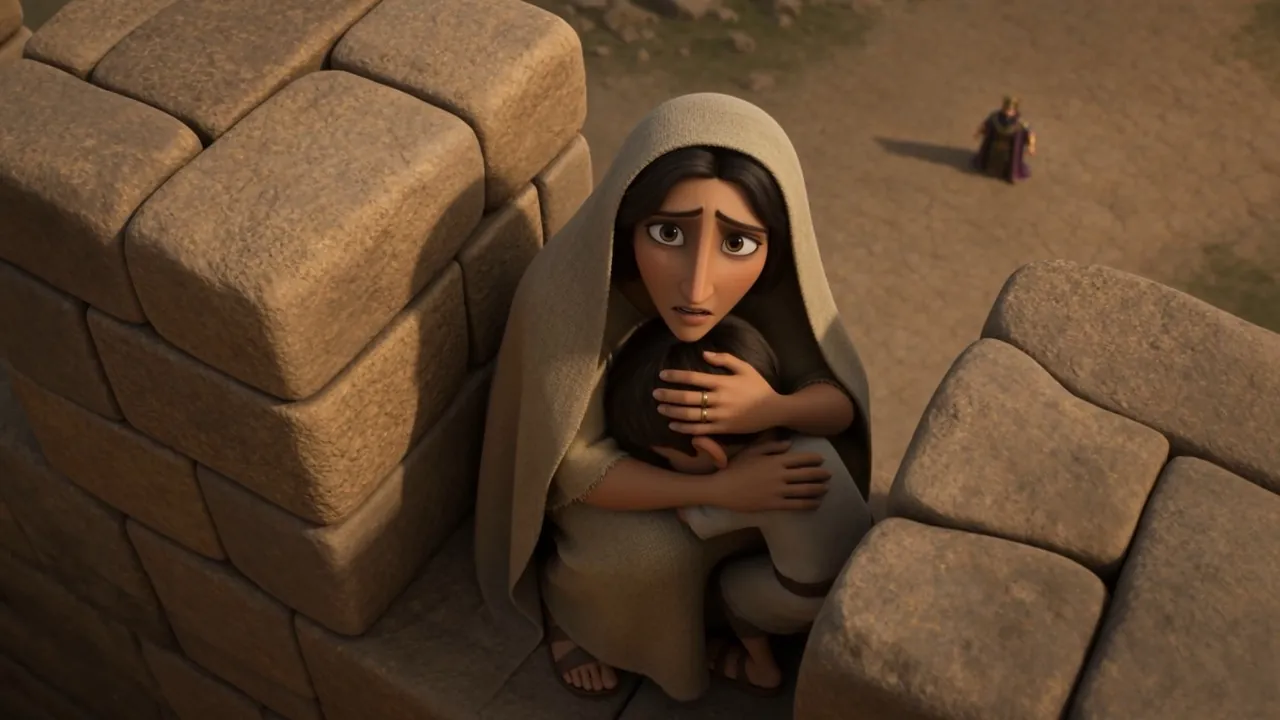 A woman crouched behind the parapet with a child