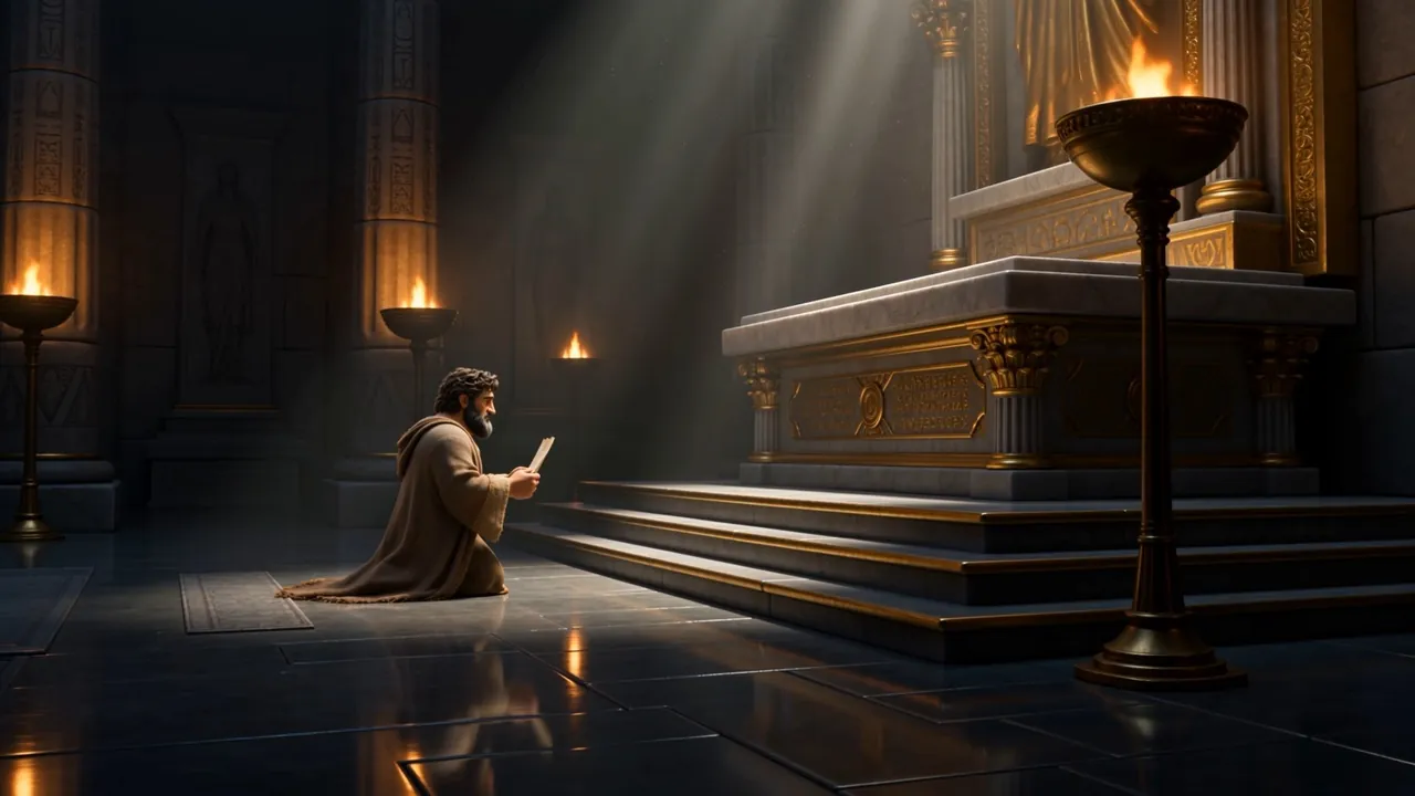 He kneels on the stone floor