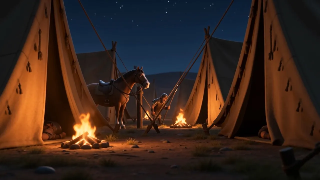 A cooking fire, a tethered horse, men asleep