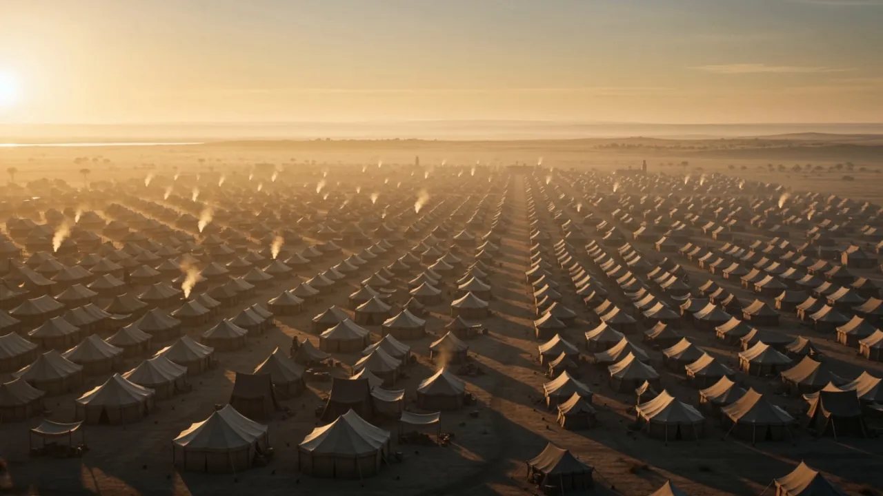 Sun coming up across the whole camp