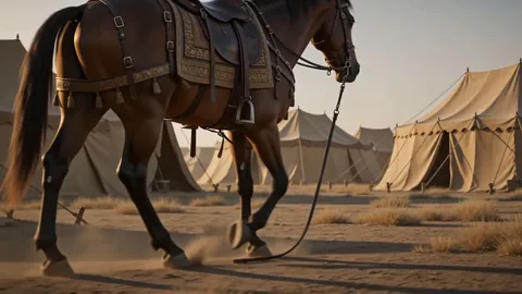 A saddled warhorse walking alone through an army camp at dawn, reins trailing