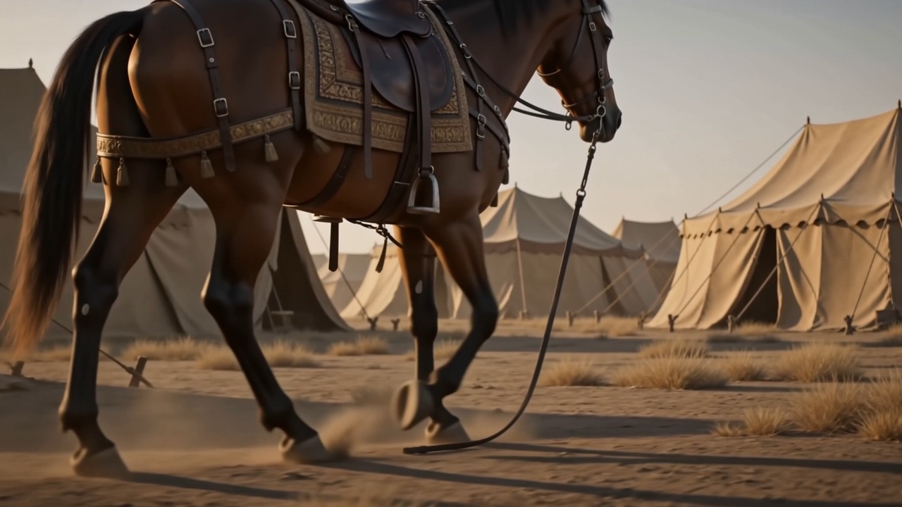 A saddled warhorse walking alone through an army camp at dawn, reins trailing