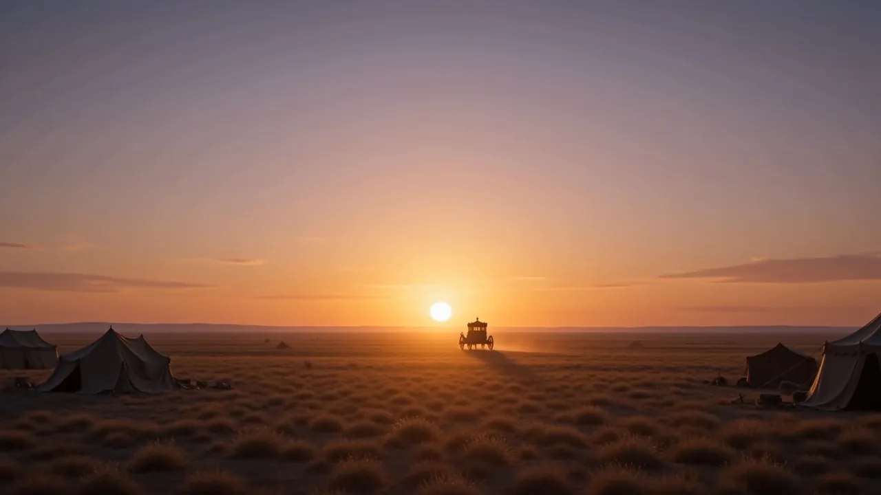 The sun on the horizon behind the empty camp