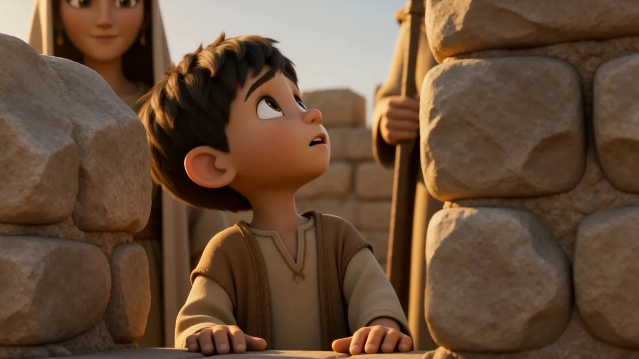 A boy pulls himself up to look