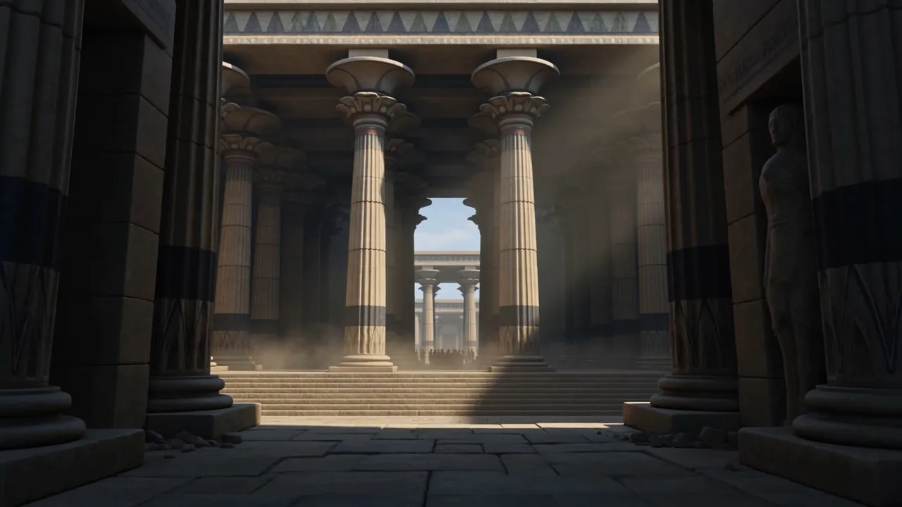 Shafts of light down a huge pillared hall