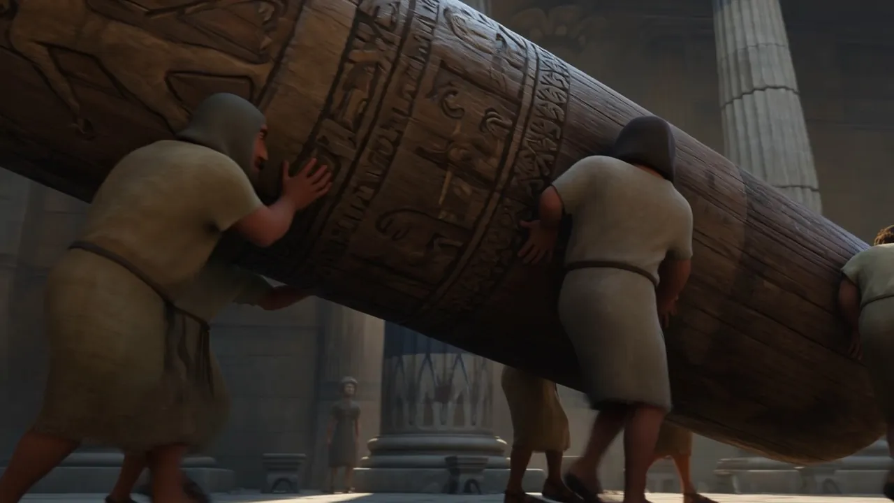 Two men wrestle a carved pagan pillar upright
