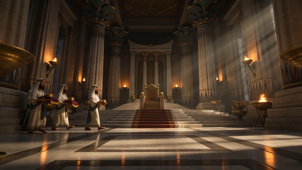 A throne room being made ready, servants crossing it