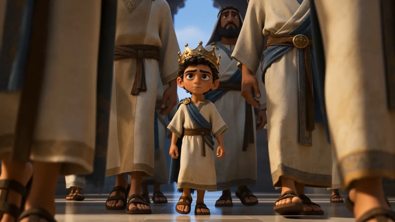 A very small boy standing among adult robes