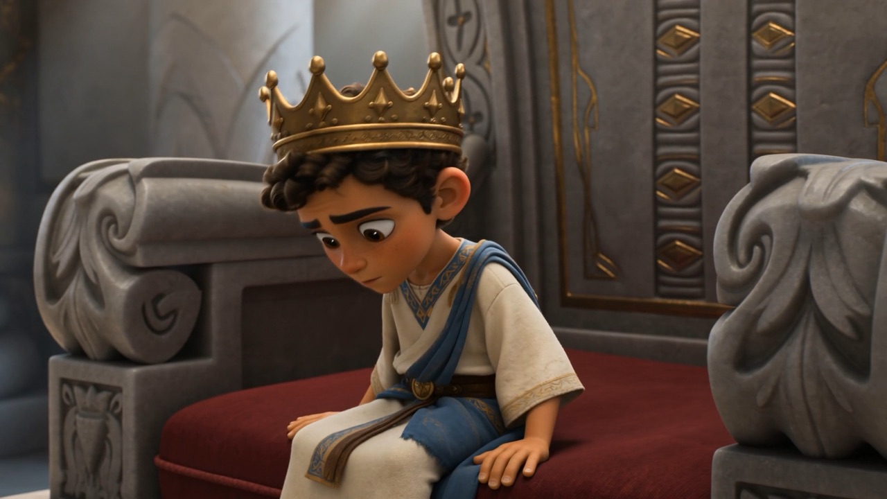 A small boy sitting in an enormous throne, crown slipping