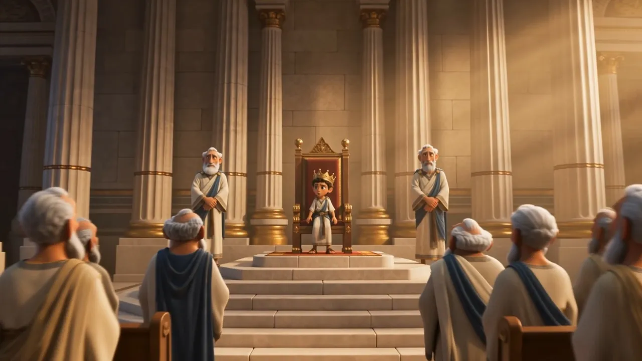 The boy on the throne, an official at the foot of the steps
